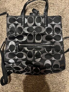 Coach Black and Gray Signature Tote with Front Zip
